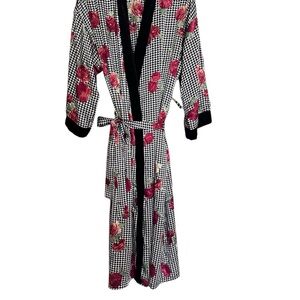 Vintage satin Robe B&W Houndstooth Floral Robe